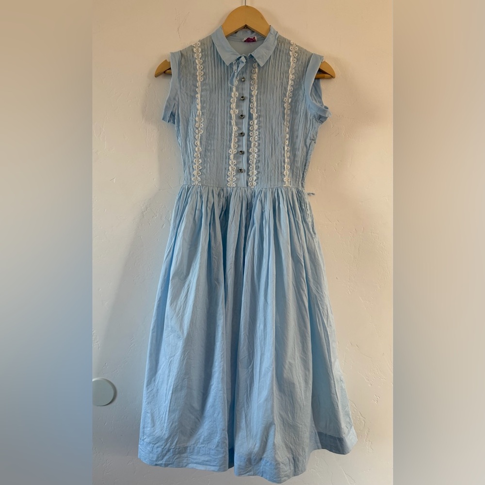 Vintage 50’s Periwinkle Blue Cotton Midi Lace Trimmed Dress Size XS